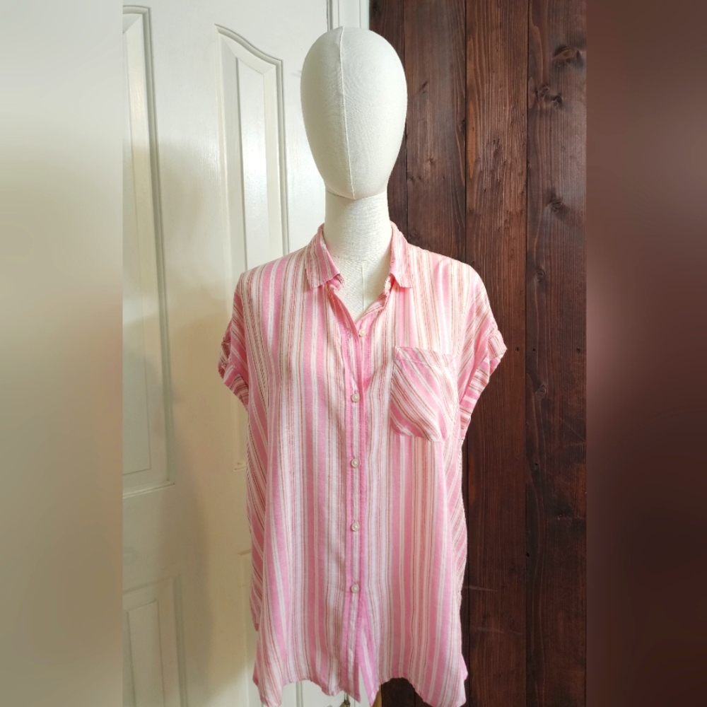 True Craft - Pink Striped Button-Up Shirt - 14%linen - Size L